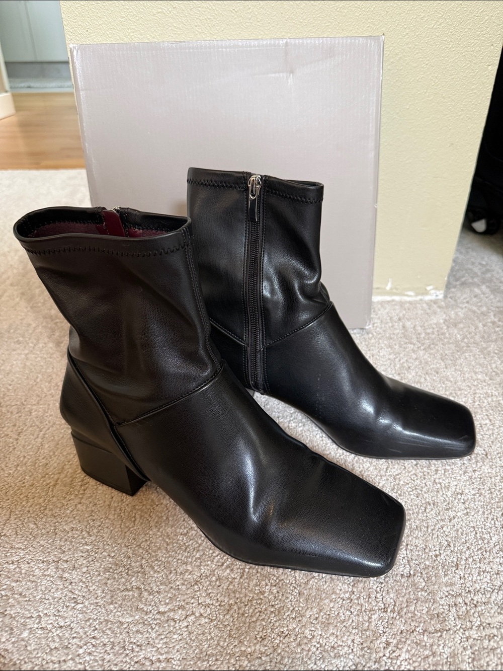 Franco Sarto Wies Black Leather Square-Toe Ankle Boots